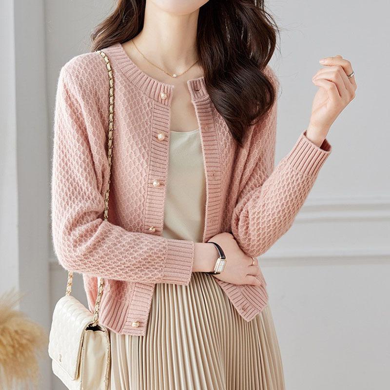 Knitted cardigan women's autumn new texture short outer soft waxy sweater high-end coat solid color versatile