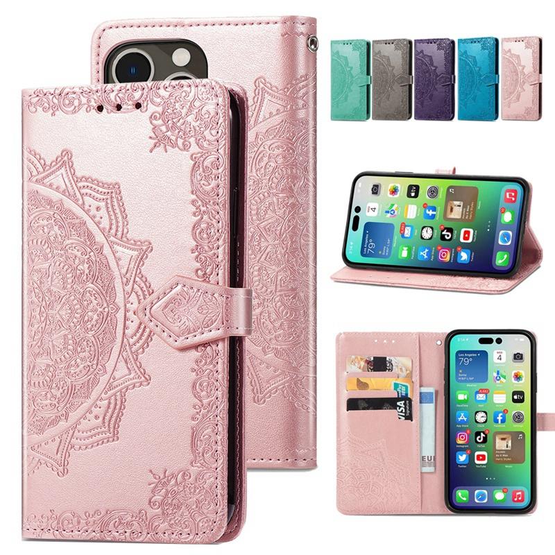 

Чехол для телефона с тиснением Mandala для iPhone 11 12 13 14 Samsung S23 S22 S21 S20 Google Pixel 8 7 6 Слоты для карт Xiaomi Honor Кошелек Кожаный откидной чехол
