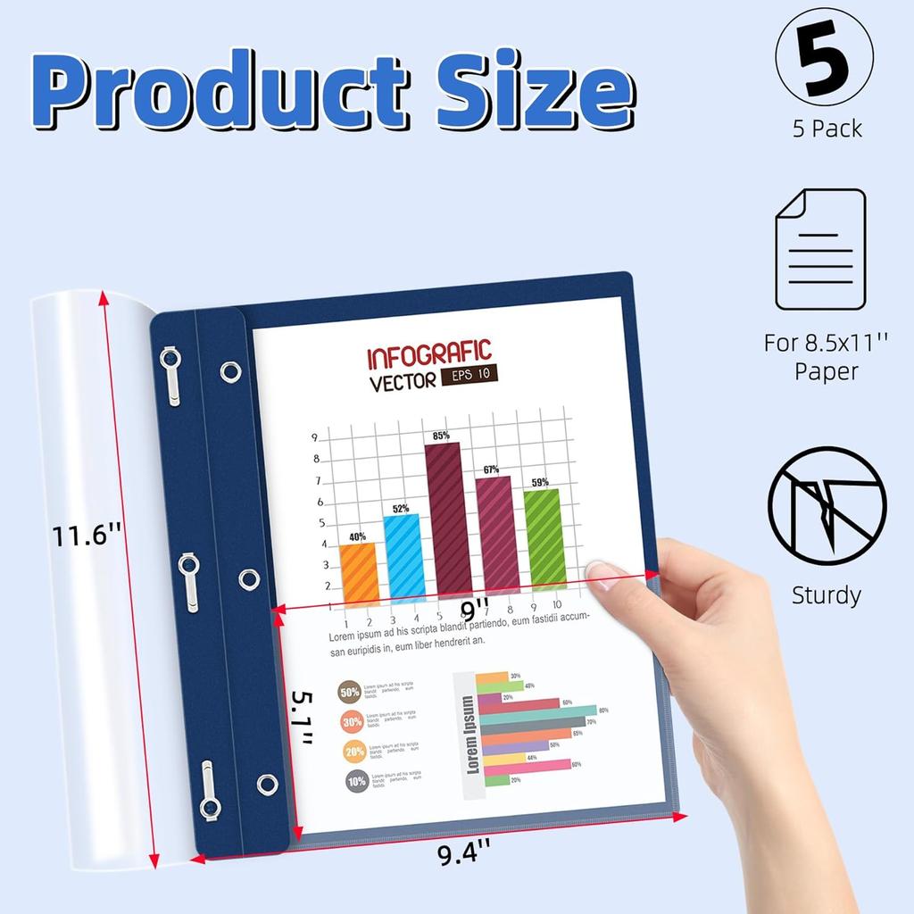 HAUTOCO 5 Pack Plastic Report Covers with 3 Prongs Fasteners Clear Front Resume Portfolio Folder for 8.5x11 Letter Size Paper, Presentation Document