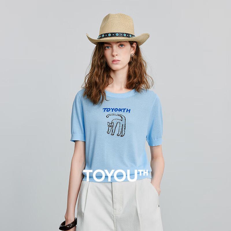 

Chuyu 2025 Summer Women s Letter Cat Jacquard Faux Linen Knit Short Sleeve Top M