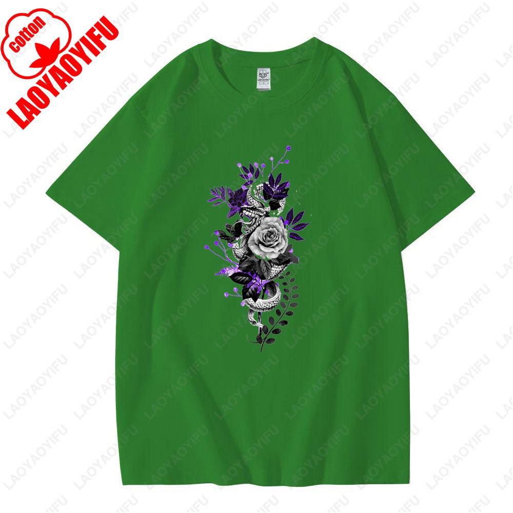 Gotische Schlange und Blumen T-Shirt Künstlerischer Retro Gothic Stil Florale Ästhetik Grafik T-Shirts Herren Damen Baumwolle Klassisches Tee