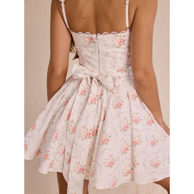 Rose Xiaoyu House Same Sweet Light Cream Rose Print Bowknot Decoration Waist Hugging Sling Dress