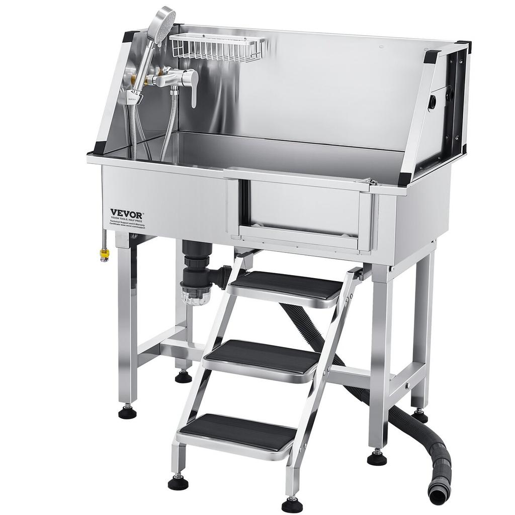 86,4 cm Hundepflege-Badebadewanne Edelstahl mit Treppe Armatur Linke Tür