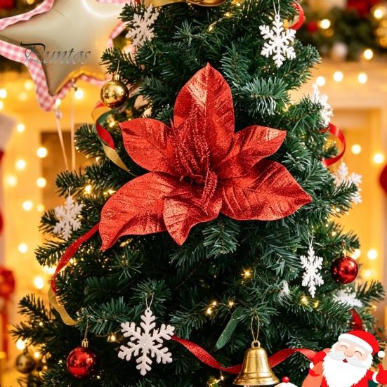 Christmas Flower Ornament Artificial Poinsettia with Stem, Glitter Faux for Seasonal Floral Decor Party, Red Xmas Tree, Wreath Decoration Layered