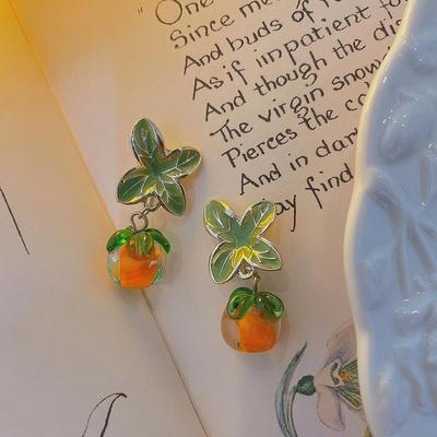 Persimmon Ruyi Glass Retro Orange Earrings – Cute Sweet Chinese Style Trendy Jewelry