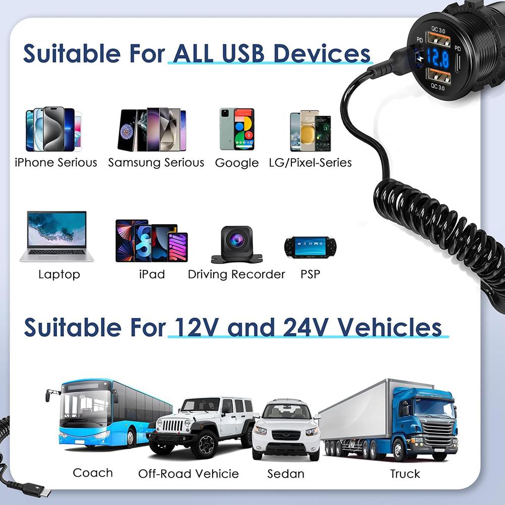 4-Ports USB Quick Chargerwith LED Voltmeter Dual PD And Dual QC3.0 Fast Charge Adapter Waterproof For Car Boat And Motorcycle 12/24V