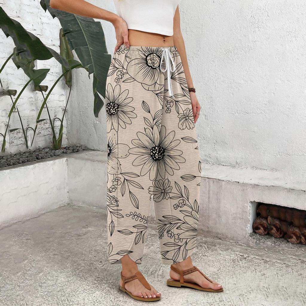 Women's Casual Straight Wide Leg Button Print Pattern Pants for Everyday Wear