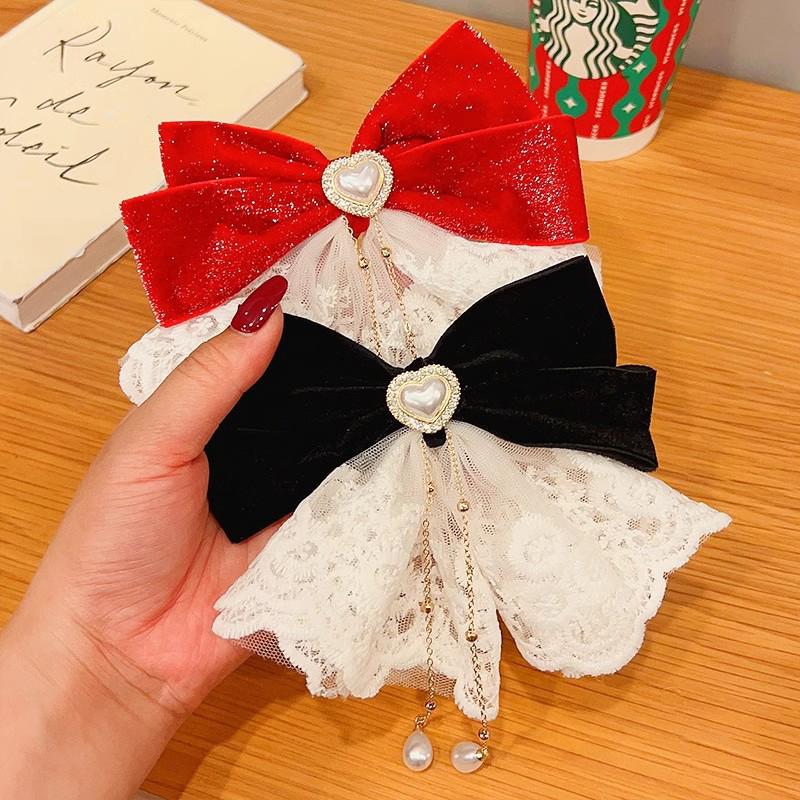 Sweet Lace Big Red Bow Clip Princess Shiny Hairpin Headdress Accessories