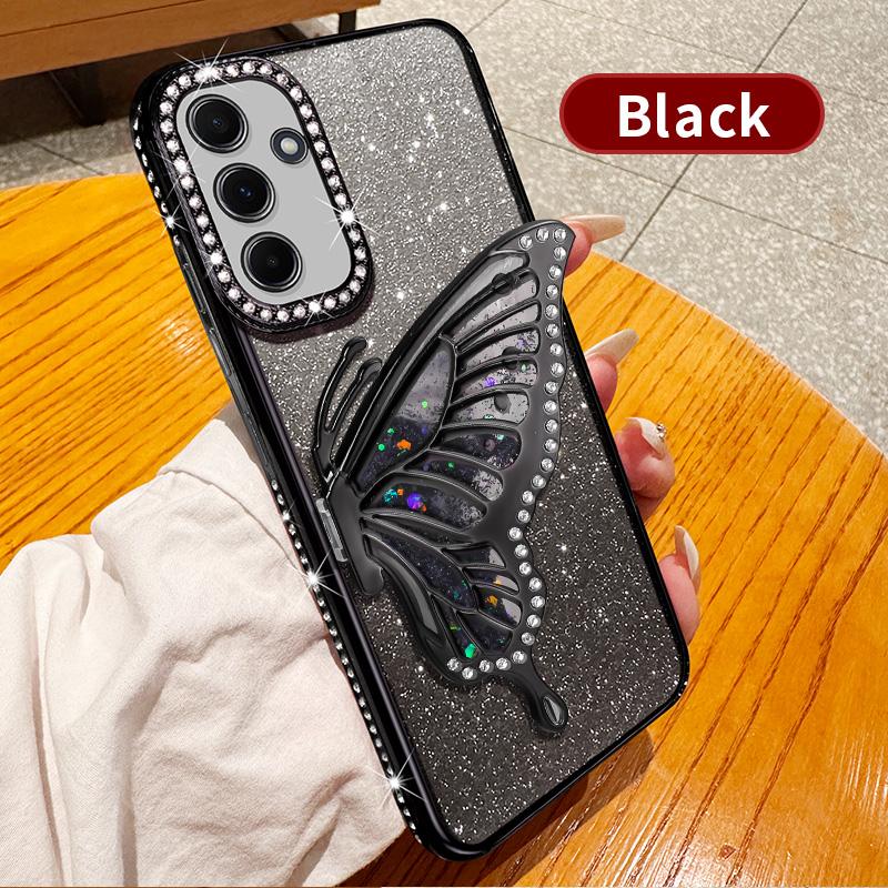 Diamantový třpytivý tekutý pouzdro s držákem ve tvaru motýla pro Samsung Galaxy A17 A16 A26 A36 A56 A06 A15 A25 A35 A55 A14 A24 A34 A54 5G kryt