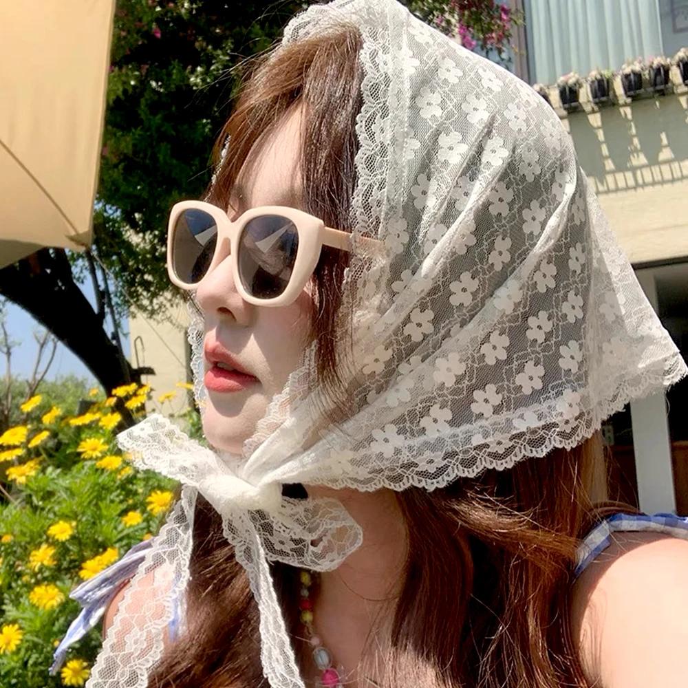 Fashion Summer Sweet Flower Lace Headscarf for Women Korean INS Triangle Scarf Hairband Cute Pastoral Style Hair Accessories