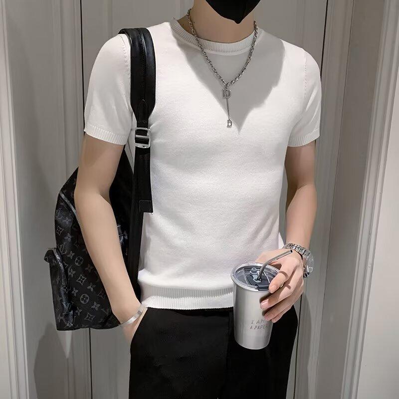 Knitted Sweater T-Shirt Men'S Short-Sleeved Korean Version Slim-Fitting Inside Trendy Knitted Bottoming Shirt Half-Sleeved T