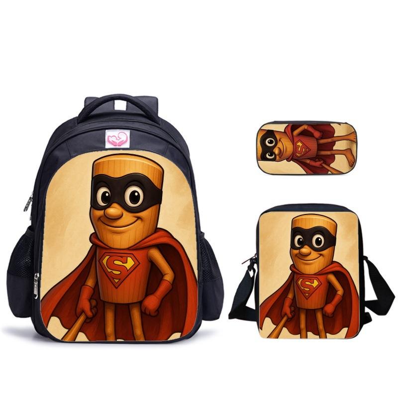 Haijing Houten Stokman Kinder Schooltas Schoudertas Etui Combinatieset Rugzak Ondersteuning