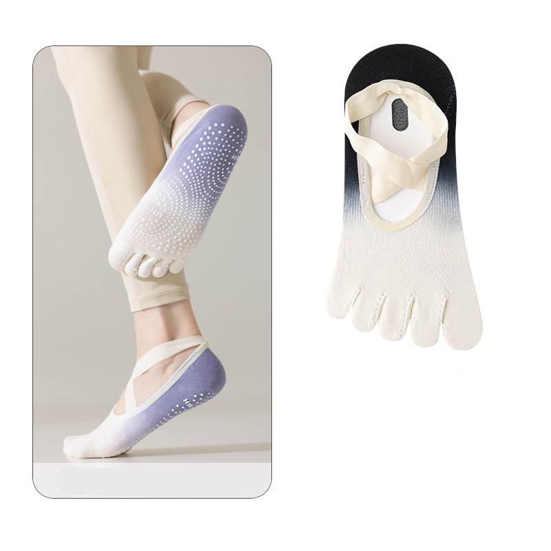 Low Cut Athletic Wrap Straps Grip Dots Anti Slip Breathable Cotton Gradient Fitness Ballet Style No Show Five Toe Yoga Socks