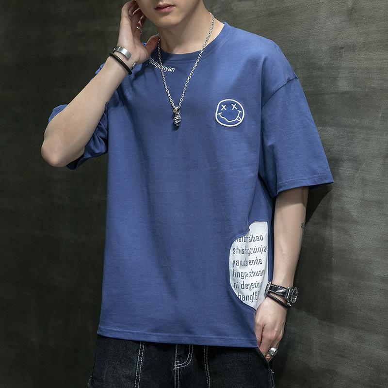 

Мужская летняя новая футболка с короткими рукавами из чистого хлопка, корейская версия, модная базовая рубашка с улыбающимся лицом, универсальная мужская футболка с половиной рукавов XXXL джинсовый синий