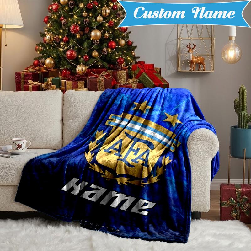 Custom Name Argen-tina Football Crest Blanket Lightweight Ideal Bedding Blanket Perfect for Travel, Camping, Living Rooms, Sofas, Christmas Gift
