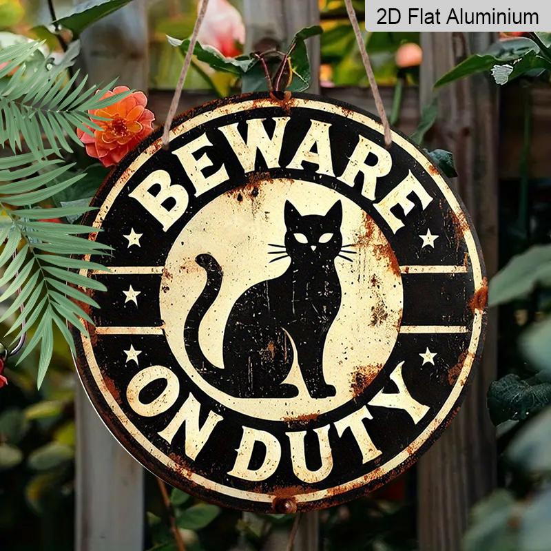 2D Flat 1pc, 8x8 In, Vintage Aluminum Metal Sign - Black Cat "BEWARE ON DUTY" Rustic Wall Decor for Farmhouse, Home, Garage, Bar, Garden & Coffee