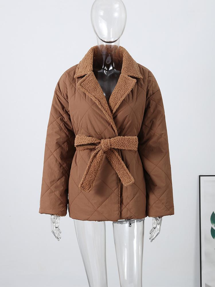 Women's Collar Tied Waistband Jacquard Thick Jacket Top