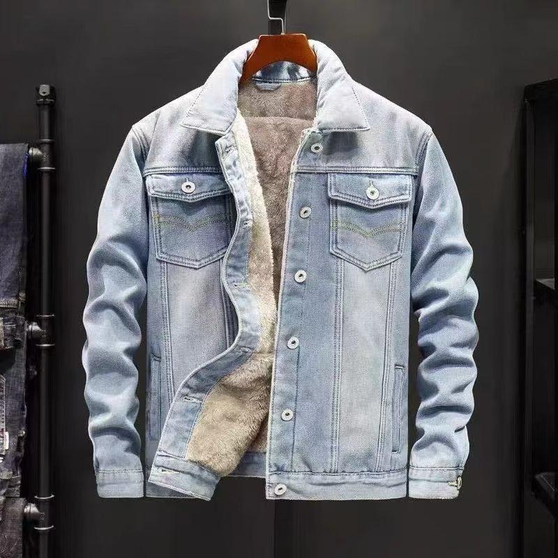 

Men s Winter Fleece-Lined Denim Jacket - Thickened, Lamb s Wool Interior, Loose Fit, Plus Size, Warm Casual Jacket M світло-синій колір