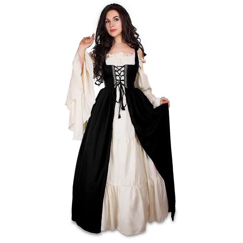 Halloween Costume Square Collar Bundle Waist Medieval Renaissance Vintage Dress