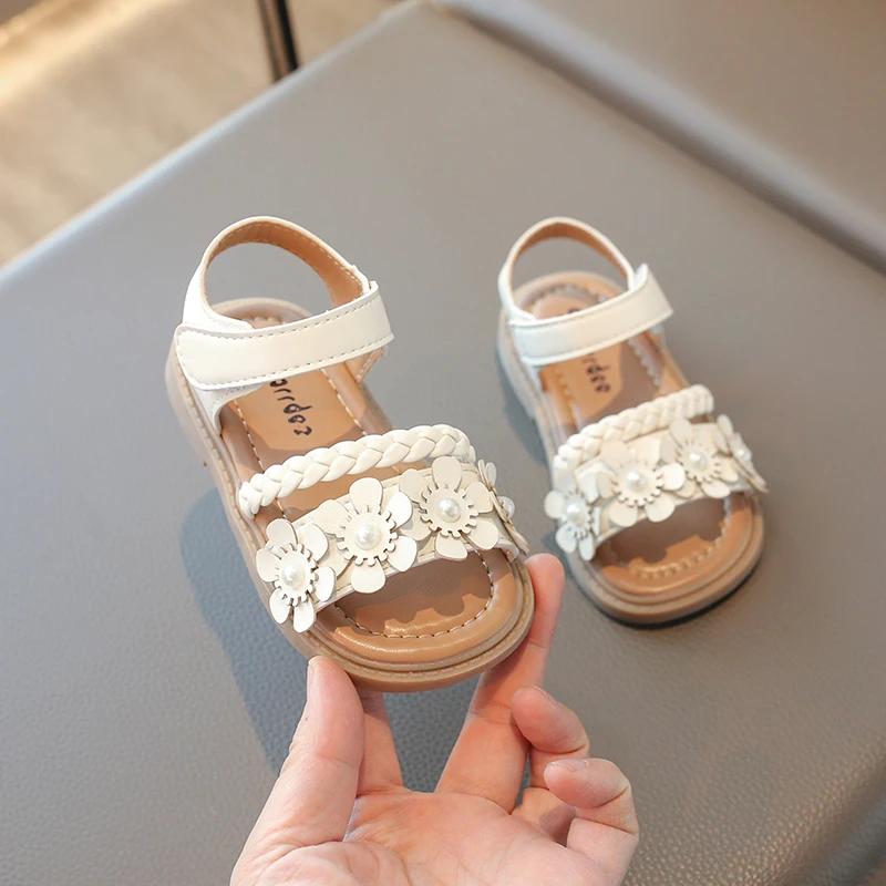 Girls Weave Sandals with Flowers 2025 Brand New Fashion Kids Floral Summer Beach Shoes Open Toes Anti-skid Soft Princess Sweet