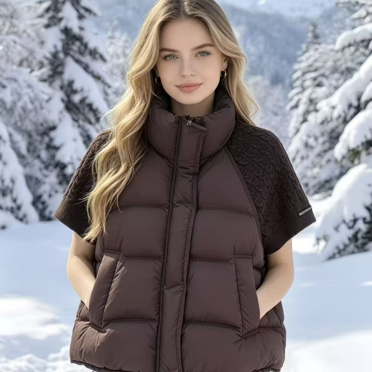 Modische Strick-Patchwork-Weste mit Kragen aus Baumwolle für Damen  Zufällige Wärme im Winter XL dunkelbraune