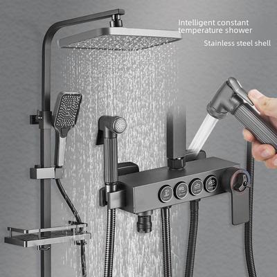 Ensemble de douche thermostatique en acier inoxydable gris canon avec pommeau de douche à effet pluie et fonction booster