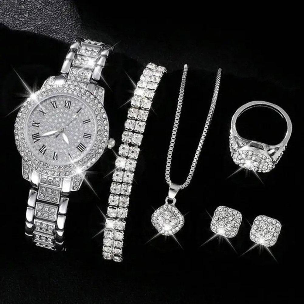 6Pcs Elegant Roman Dial Quartz Wristwatch Luxury Alloy Rhinestone Set Fashion Necklace Earrings Bracelet Jewelry Gift For Ladies