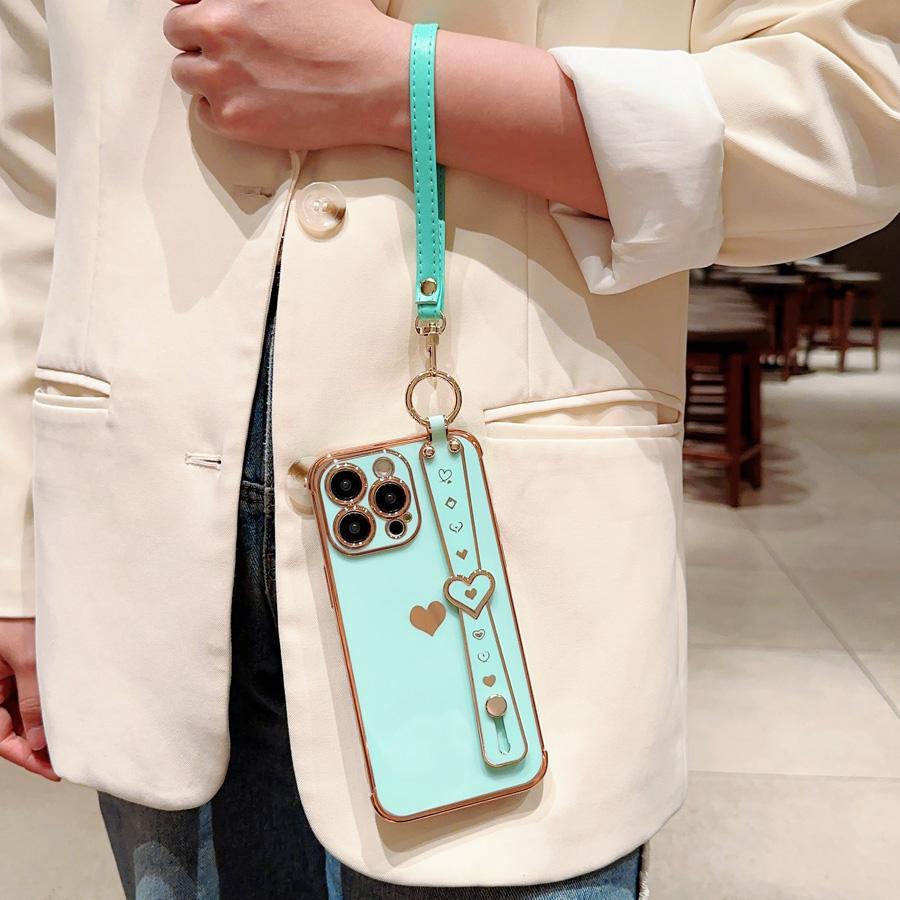 Plating Heart Wristband Case For Samsung Galaxy S23 S22 Ultra S21 Plus S21FE A23 A24 A13 A12 A13 A52 A53 A54 Shockproof Silicone Soft Cover For iPhone