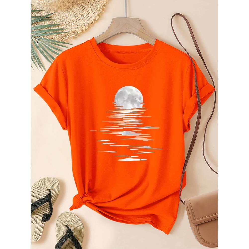 Moonlight Over Water Women's Tee - Minimalist Graphic, Casual Gray Top