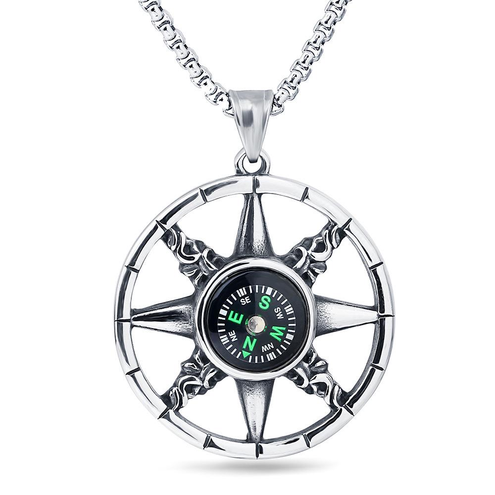 Retro Distressed 40MM North Star Compass Stainless Steel Pendant Necklace for Men
