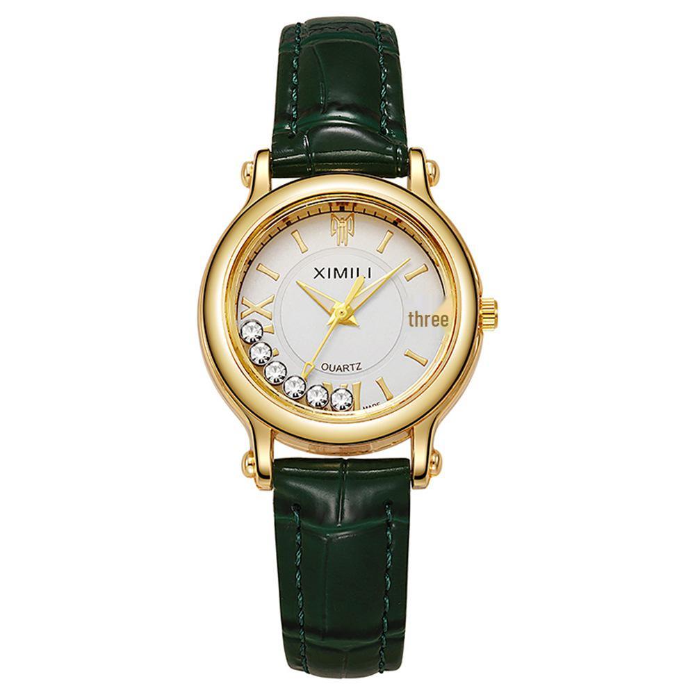 Hot Selling Women's Quartz Watch with Leather Strap and Rhinestone Design - Elegant Flowing Sand Fashion Ladies Wristwatch