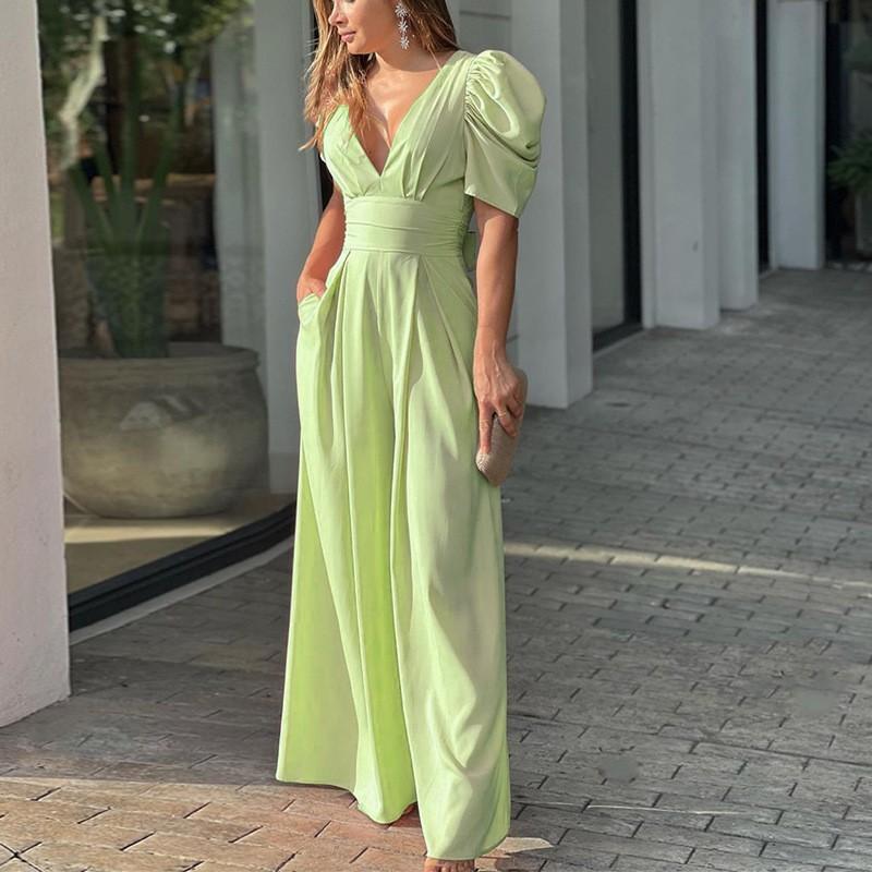 2026 Women's Clothing Is Fashionable Elegant Solid Color Slim Short-sleeved Wide-leg Jumpsuit