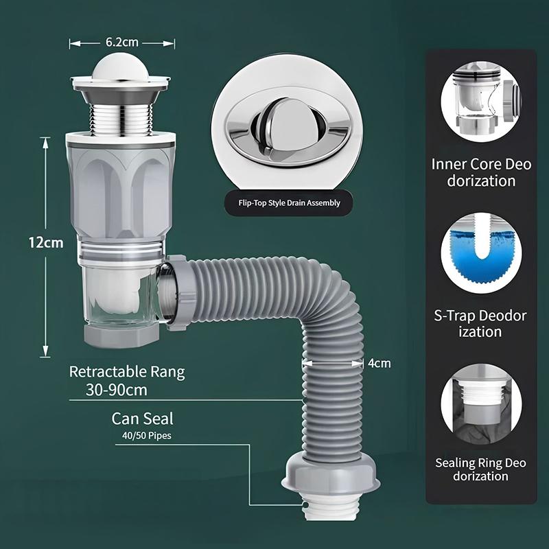 Flip Top Anti-Odor Drain Pipe Set Kitchen Sink Drain Retractable Deodorizing Filter Flexible Downspout Bathroom Anti Clogging