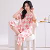 Pajamas with Chest Pads Women's Pure Cotton Short-sleeved Cropped Pants Summer Thin Cotton Summer Large Size Black Loungewear Set