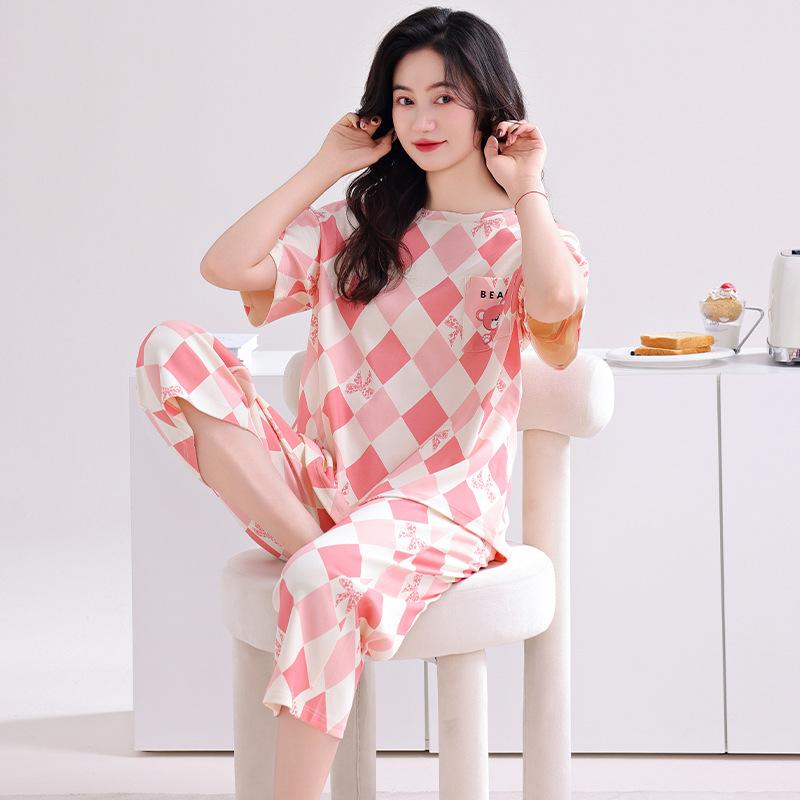 Pajamas with Chest Pads Women's Pure Cotton Short-sleeved Cropped Pants Summer Thin Cotton Summer Large Size Black Loungewear Set