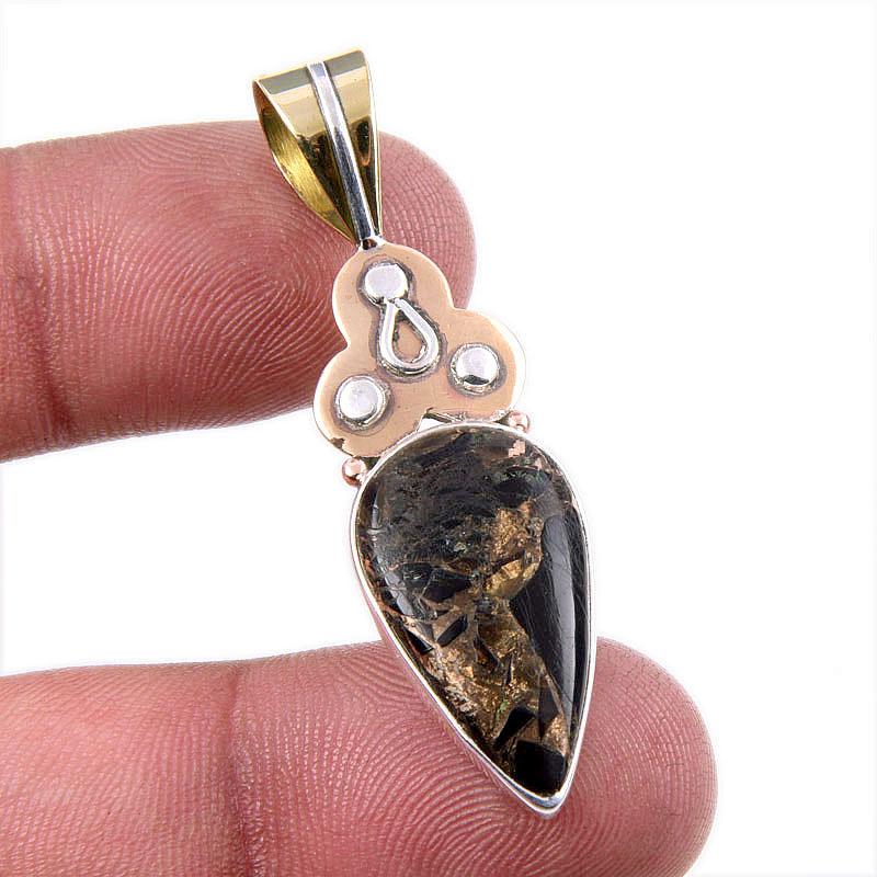 

Natural Black Copper Turquoise 925 Solid Silver Gift TwoTone Pendant 1.75 M6W24