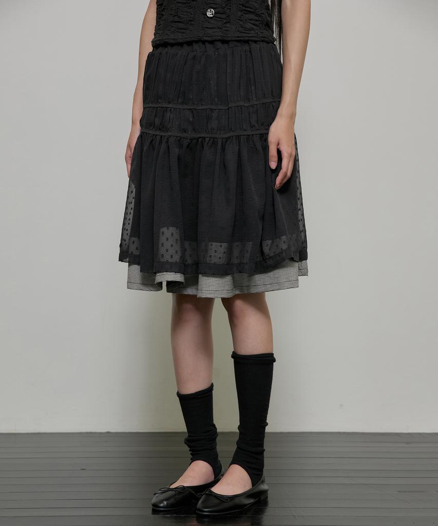 Peulleeoeob Layered Crinkle Check Skirt (Fl-269_Black)