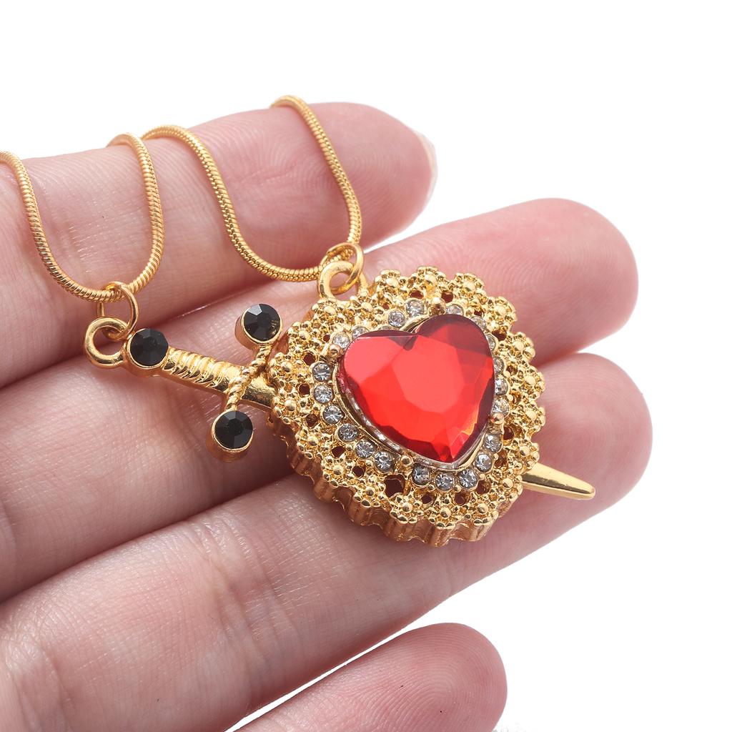 Gothic Punk One Arrow Through The Heart Creative Two Color Couple Necklace Red Rhinestone Heart Dagger Necklace Good Friend Gift