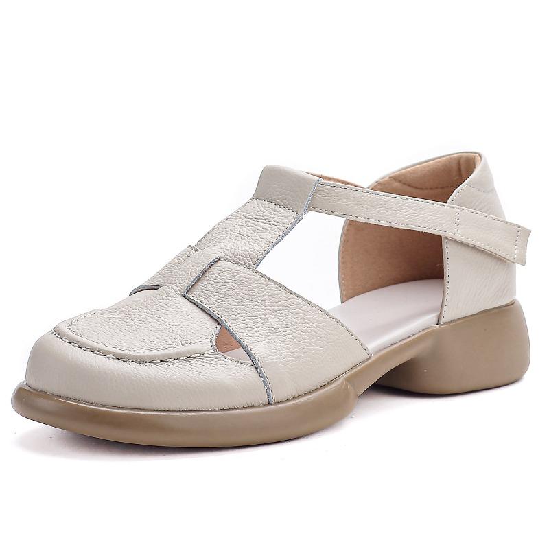 Summer new pure cowhide retro versatile medium heel thick heel sandals bag head comfortable leather soft sole mother shoes