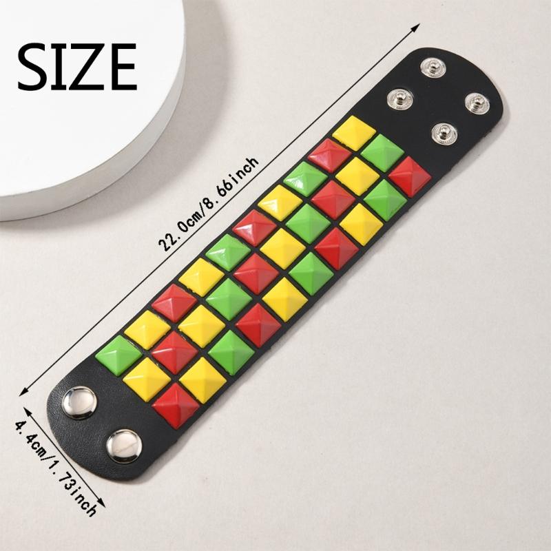 Comfort Fit Adjustable Bracelet Three Row Square Studs Punk Design Soft Leather for Stylish Daily Fashion