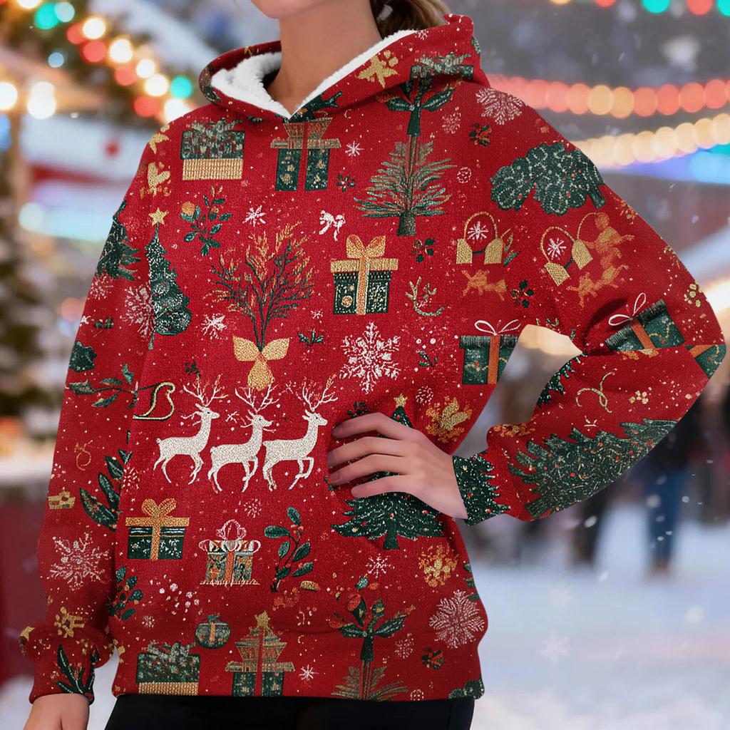 Women's Fashionable Casual Long-Sleeved Christmas Print Fleece-Lined Thick Hooded Sweatshirt