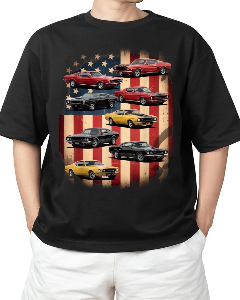 Muscle Car Retro American Flag Patriotic T-Shirt Hot Unisex S-4XL Unisex T-Shirt
