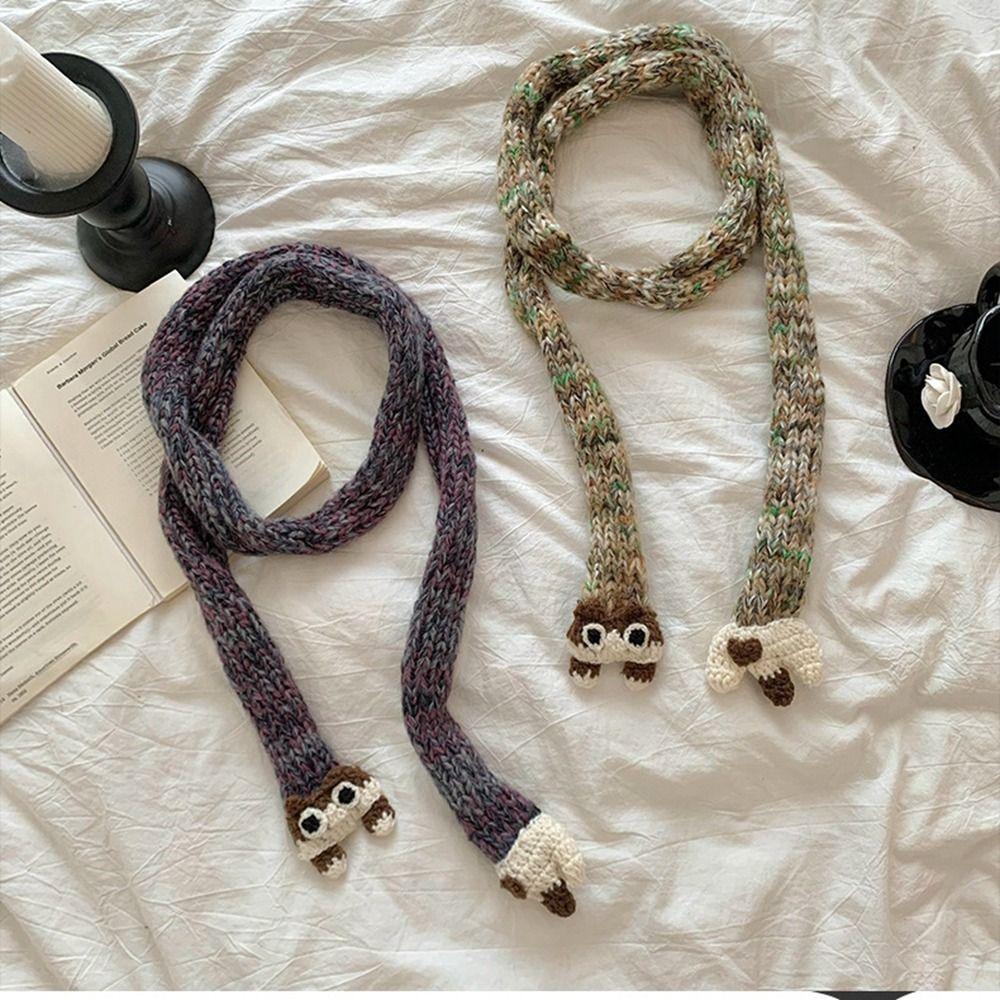 Animals Y2K Knitted Scarf Cartoon Squirrel Shawl Punk Long Narrow Scarves Outdoor