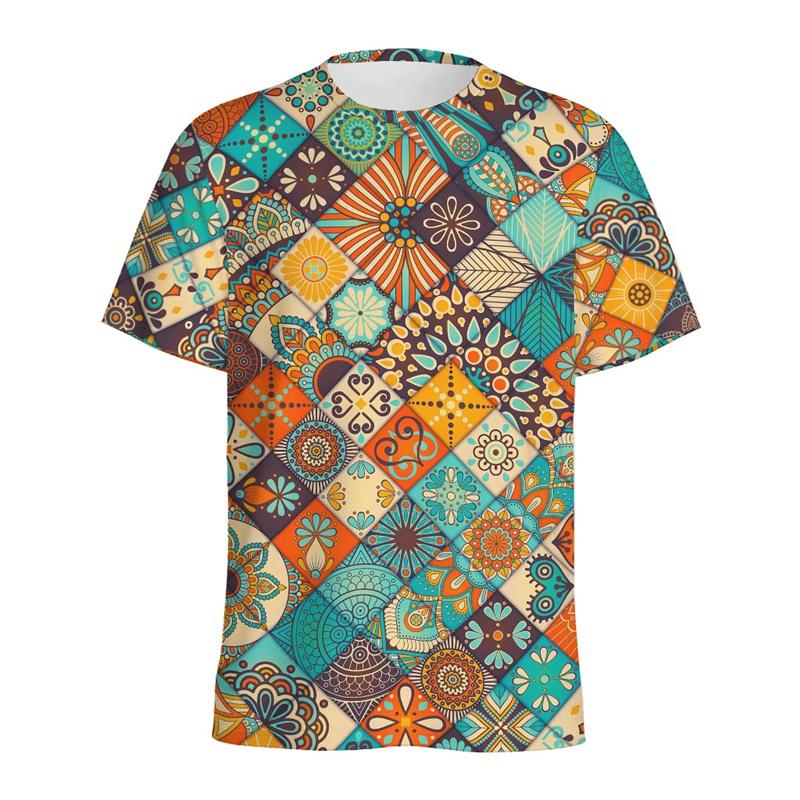Retro Flower Mandala Pattern T-shirt Men Summer 3D Printed Ethnic Floral T Shirt Women Round Neck Short Sleeve Street Loose Tees