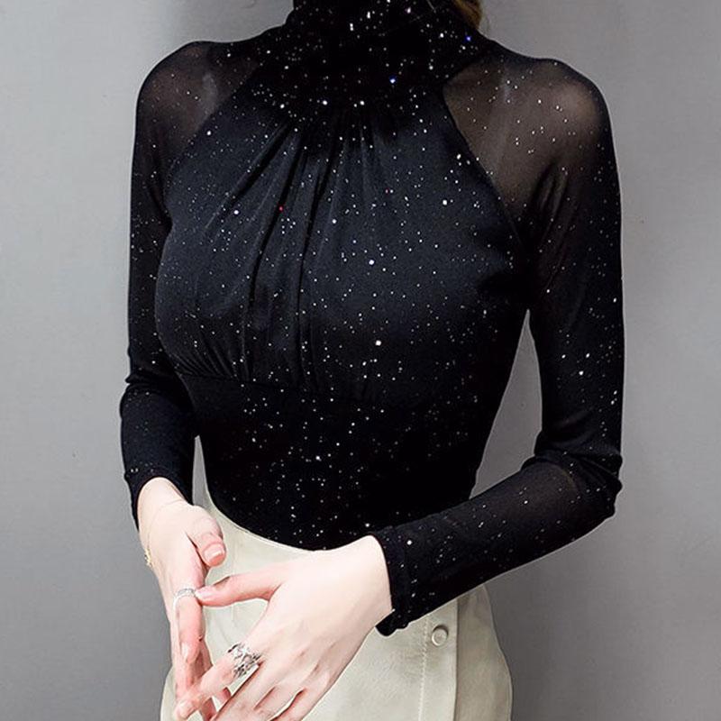 Black Women Half Turtleneck Long Sleeve Pullovers Net Yarn Patchwork See Through Slim Tops