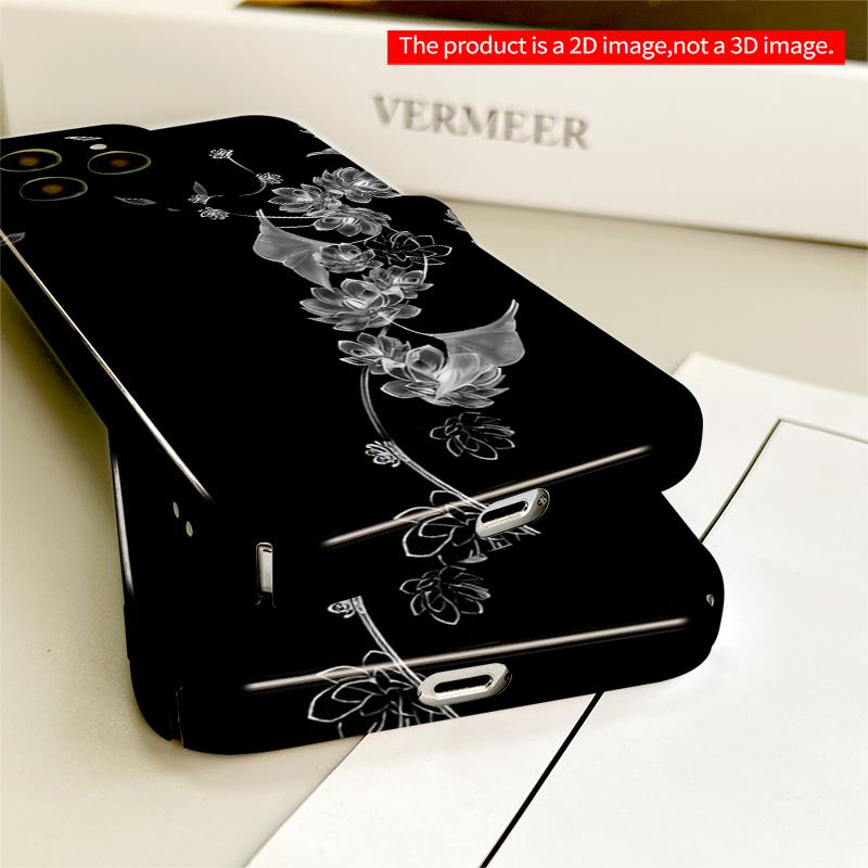 2DFlat Floral Elegance: Monochrome Blossoms on Black All inclusive film hard iPhone case, compatible with iPhone 18 Pro Max 17 16 15 14 13 12 11