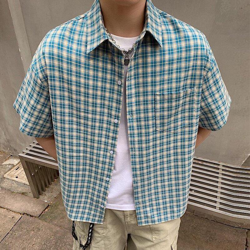 Summer Stylish Short Sleeve Shirt Men's Streetwear Vintage Button Up Turn Down Collar Shirts Trendy Men Plaid Printed
