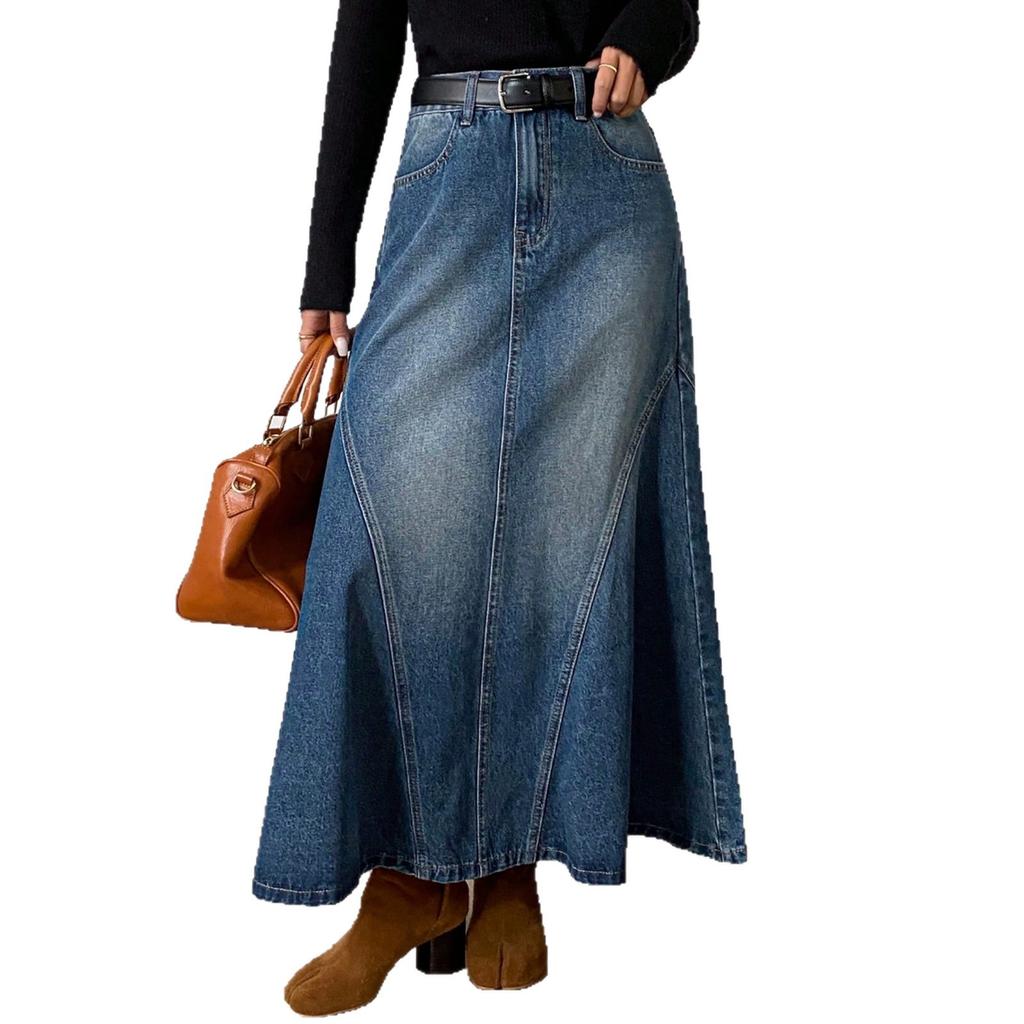 Gonne in Denim Casual da Donna Vintage Svasate Oscillanti Maxi Gonna in Denim con Tasche Abiti Casual da Donna con Gonna Lunga in Jeans Pieghettata a Vita Alta