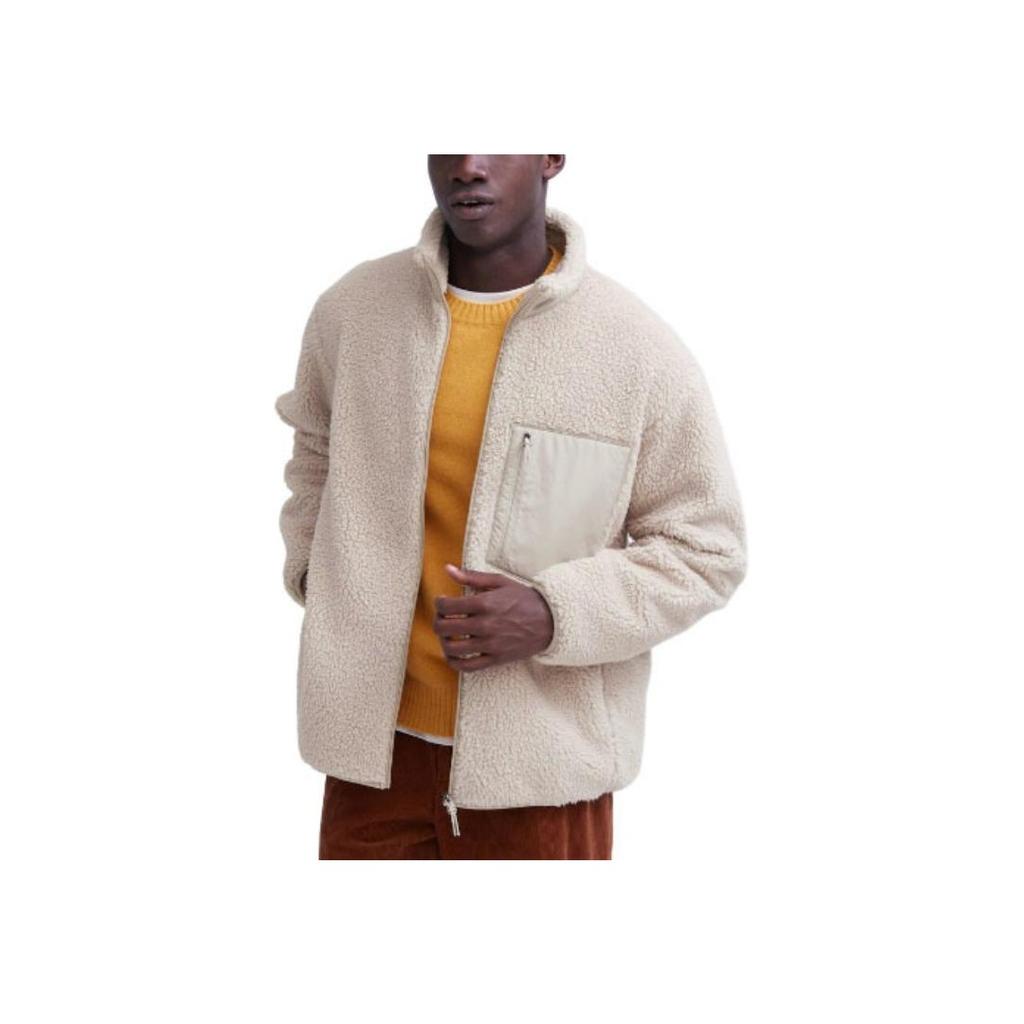 UNIQLO Solid Color Pocket Design Spliced Straight Leg Zipper Drop Shoulder Stand Collar Fleece Jacket Unisex jackets Beige 460331-31
