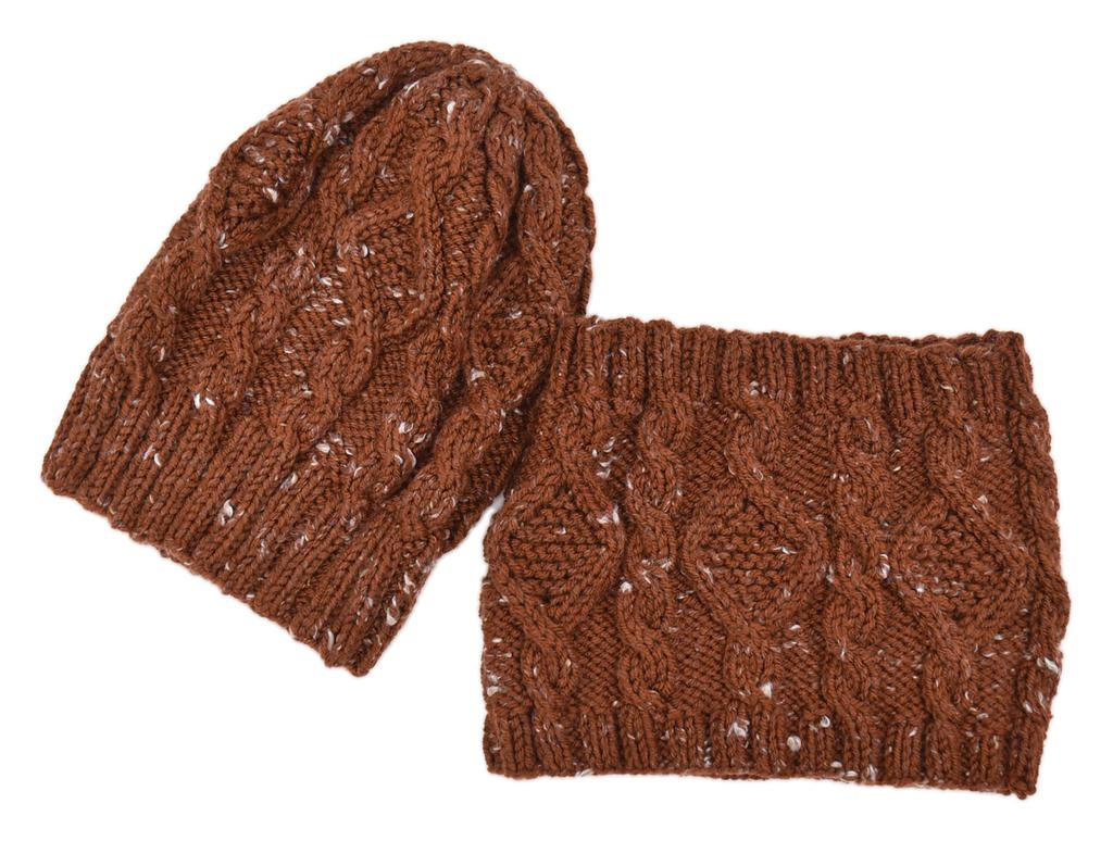 NASKA Knitting Kit Diamond and Cable Pattern Hat and Snood (Made with Everyday Multicolor Tweed) Reddish Brown KT-2 Design by Kyoko Tsuritani